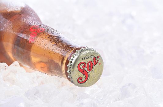 IRVINE, CA - AUGUST 26, 2016: A single bottle of Sol Beer. From the Cuauhtemoc Moctezuma Brewery, in Monterey, Mexico, it was first introduced in the 1890's as El Sol.