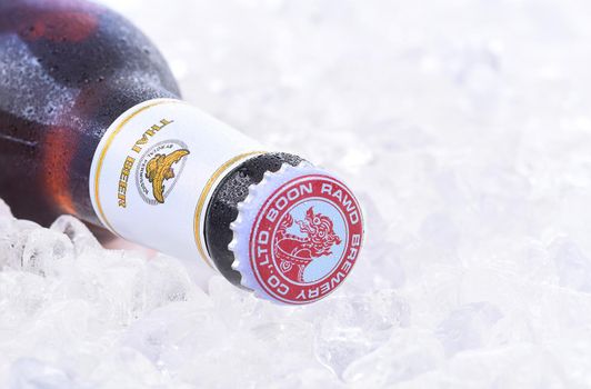 IRVINE, CA - JANUARY 11, 2015: Closeup of a single bottle of Singha Beer on ice. Produced by Boon Rawd Brewery it is the only brewery permitted to display the royal Garuda on the bottleneck.