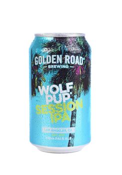 IRVINE, CALIFORNIA - 19 NOV 2019: a single can of Golden Road Wolf Pup Session IPA, with condensation. and slight shadow.