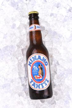IRVINE, CALIFORNIA - AUGUST 26, 2016: Hinano Beer. Brewed on the French Polynesian Island of Tahiti, the name comes from the white flower of the Pandanus plant.