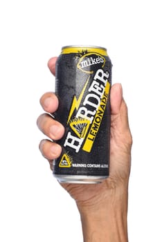 IRVINE, CALIFORNIA - APRIL 26, 2019: Closeup of a hand holding a can of Mikes Harder Lemonade.