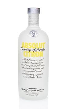 IRVINE, CALIFORNIA - JULY 16, 2014: A 750ml bottle of Absolut Citron Vodka. Absolut, produced in Sweden, is the third largest brand of alcoholic spirits in the world behind Bacardi and Smirnoff.