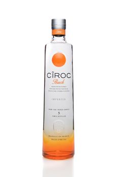 IRVINE, CA - SEPTEMBER 08, 2014: A bottle of Ciroc Peach Vodka. An ultra-premium vodka distilled from grapes grown in the Cognac region of France infused with natural flavors.