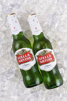 IRVINE, CALIFORNIA - DECEMBER 17, 2017: Stella Artois Beer on Ice. Stella has been brewed in Leuven, Belgium, since 1926, and launched as a festive beer, named after the Christmas star.