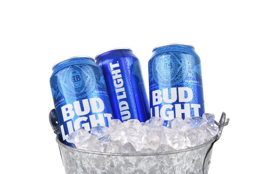 IRVINE, CALIFORNIA - AUGUST 25, 2016: Bud Light Cans in ice bucket. Bud Light is one of the top selling domestic beers in the United States.
