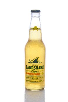 IRVINE, CA - JUNE 14, 2015: A single bottle of Landshark Lager. The Island Style lager is the house lager for Jimmy Buffets Margaritaville Restaurant chain.