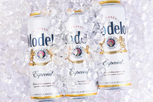 IRVINE, CALIFORNIA - MARCH 29, 2018: King cans of Modelo Especial on ice. First bottled in 1925, Modelo Especial is the number 2 imported beer in the U.S. by case sales.
