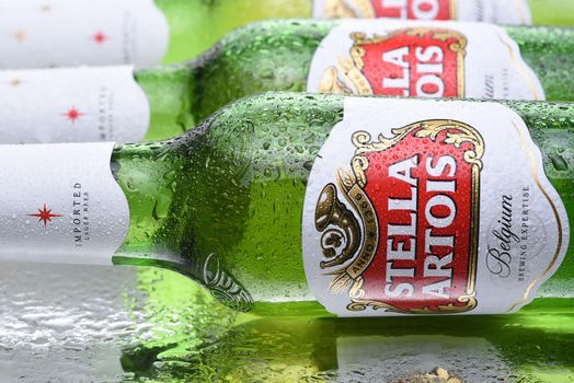 IRVINE, CALIFORNIA - MARCH 10,  2018: Stella Artois Beer closeup. Stella has been brewed in Leuven, Belgium, since 1926, and launched as a festive beer, named after the Christmas star.