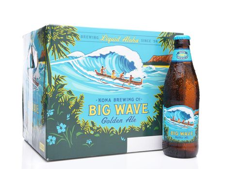 IRVINE, CALIFORNIA - MARCH 16, 2017: Kona Brewing Company Big Wave Golden Ale 12 pack. The brewery is located in Kailua-Kona on the Big Island of Hawaii.