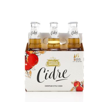 IRVINE, CALIFORNIA - 2 JUNE 2020: Side view of a 6 pack of Stella Artois Cidre, European Style Hard Apple Cider. 