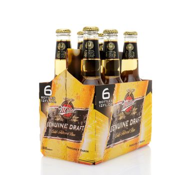 IRVINE, CA - MAY 25, 2014: A 6 pack of Miller Genuine Draft, side view. MGD is actually made from the same recipe as Miller High Life except it is cold filtered.