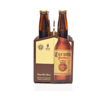 IRVINE, CALIFORNIA - MARCH 21, 2018: 6 pack of Corona Familiar beer end view. Familiar tastes like Corona Extra, but with a richer flavor. 