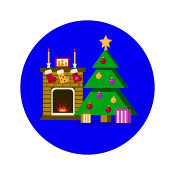 New Year room. Christmas tree with fireplace. Christmas gifts. illustration in flat style.
