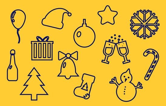 Merry Christmas and New Year line icons set, outline symbol collection, linear pictogram pack isolated on yellow, logo illustration
