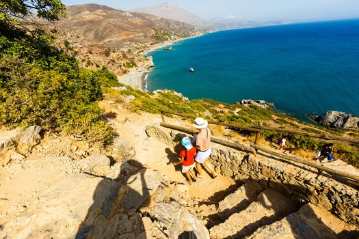 Panorama of Preveli beach at Libyan sea, river and palm forest, southern Crete , Greece