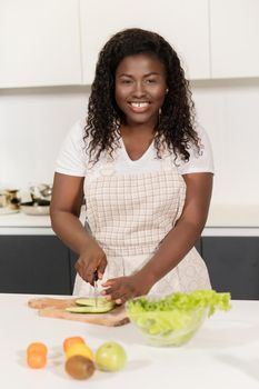 Afro woman cutting cucumber for a fresh salad. Pretty Young Woman in Apron makes a salad for breakfast. Close-up. Kitchen Background. High quality photo