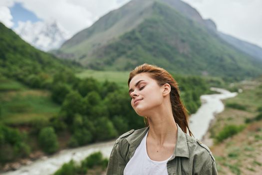 women hikers in the mountains walk travel landscape. High quality photo