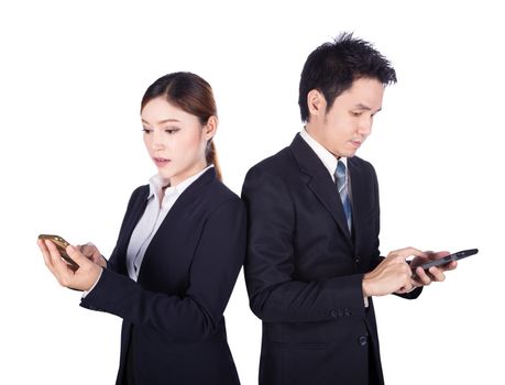 business man and woman using smartphone isolated on white background
