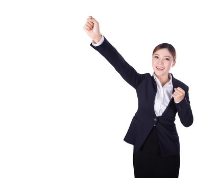 success business woman keeping arms raised isolated on white background
