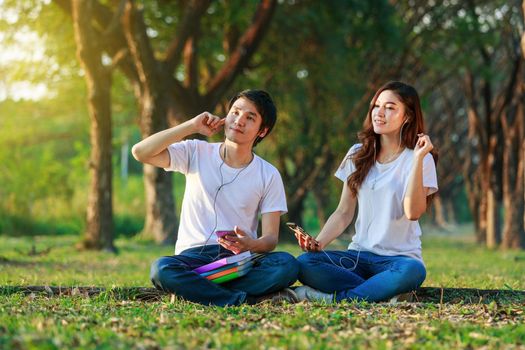 young couple listening music from mobile with headphone in the park