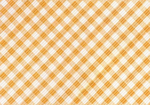 Orange and white abstract checkered pattern background, picnic gingham tablecloth, square fabric texture.