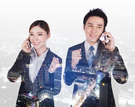 double exposure of happy business man and woman talking on smartphone with a city background