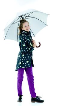 Beautiful little girl with umbrella. Concept of weather, climate change. Isolated on white background