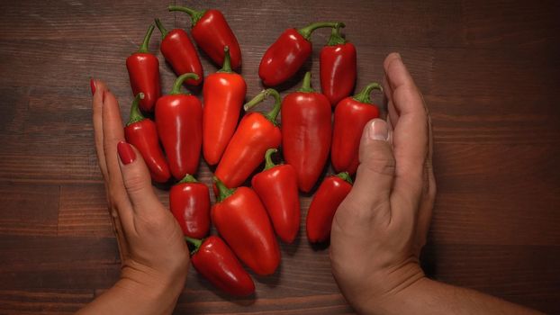 Male and female hand holding forming shape of chillies or peppers and capsicums or bell peppers. sweet bell, paprika, cayenne, chilli, hungarian wax pepper, isolated on wooden table background.