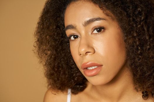 Face closeup of beautiful mixed race young woman with curly hair looking at camera while posing isolated over light brown background. Natural beauty, skincare concept