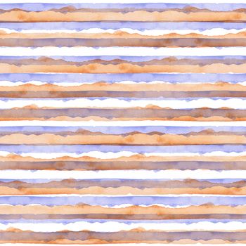 Abstract Blue Orange Stripes Watercolor Background. Seamless Pattern for Fabric Textile and Paper. Simple Hand Painted Stripe.