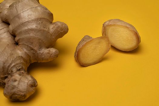 ginger root on a yellow background, cooking, spice