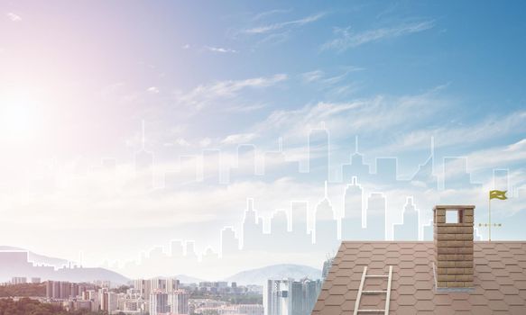 Brick house roof and modern cityscape at background