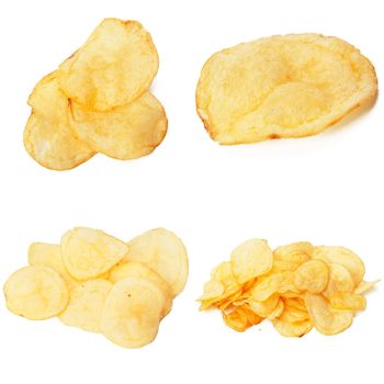 Set of potato chips close-up on an isolated white background