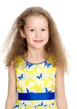 Beautiful little girl close-up. The concept of beauty and fashion, happy childhood. Isolated on white background.