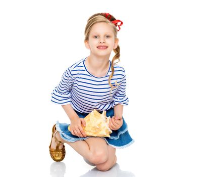 A little girl with a sea shell. The concept of a family vacation at sea, ecology. Isolated on white background.