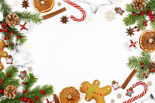 Christmas background border frame of decorations and sweets isolated on white