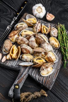 Shells Clams vongole on a wooden cutting board. Black wooden background. Top view.