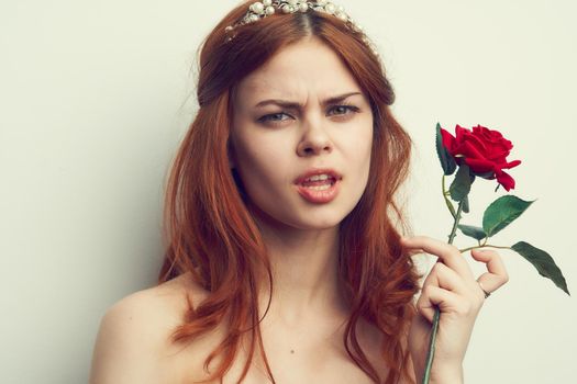 attractive woman with rose flower makeup romance model. High quality photo