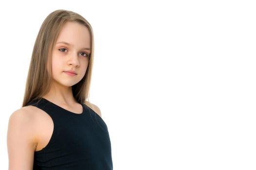 Beautiful little girl close-up. The concept of beauty and fashion, happy childhood. Isolated on white background.