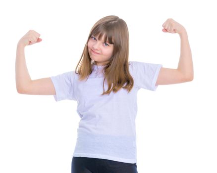 Beautiful little girl shows her muscles. The concept of strength, health and sport. Isolated on white background.