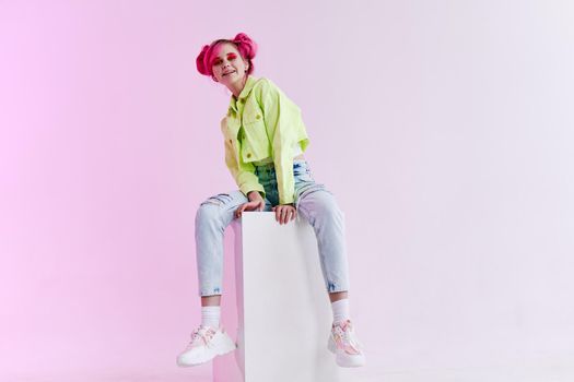 fashionable woman with pink hair creative studio model. High quality photo