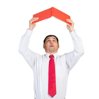 Senior businessman holding open book overhead. Portrait of adult man in white shirt and tie standing on white background. Education and professional knowledges. Reference information.