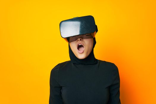 arab woman virtual reality glasses entertainment ethnicity model. High quality photo