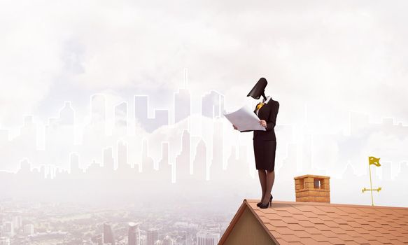 Faceless businesswoman with camera zoom instead of head standing on house roof
