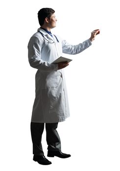 young doctor with a tablet computer, in a white medical coat and with a stethoscope