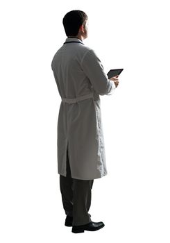 young doctor with a tablet computer, in a white medical coat and with a stethoscope