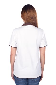 woman in white polo shirt isolated on a white background (back side)