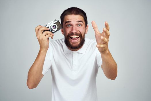 bearded man photographer professional camera lifestyle. High quality photo