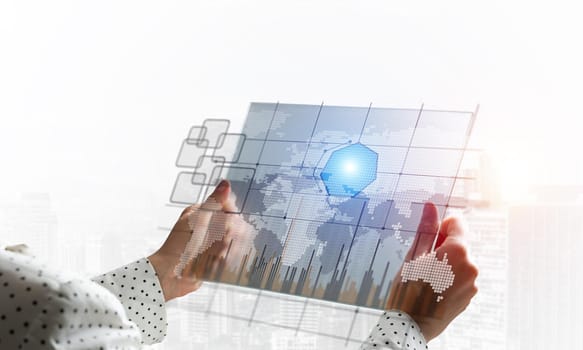 Businesswoman hands using virtual interface. Digital marketing media or financial diagrams in virtual screen. Modern smart technology and innovation in business and economic. Online data analysis.