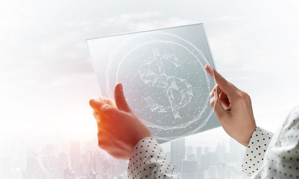 Businesswoman works with futuristic interface. Virtual geometric graphics with plexus effect and digital hologram. Double exposure concept of internet network communication. Cybernetic workspace